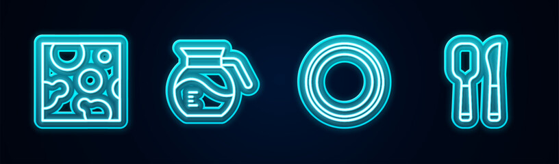 Set line Cheese, Coffee pot, Plate and Knife and spoon. Glowing neon icon. Vector