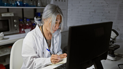 Serious grey-haired middle age woman, a devoted scientist, faces the computer in her lab, taking...