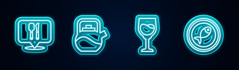 Set line Cafe and restaurant location, Kettle with handle, Wine glass and Served fish plate. Glowing neon icon. Vector
