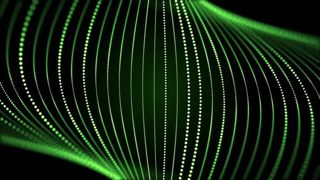 Seamless loop screensaver with abstract green structure made of glowing dotted curves on a dark background. Digital animation for science, internet connections, programming and data flow. 4k , 60 fps