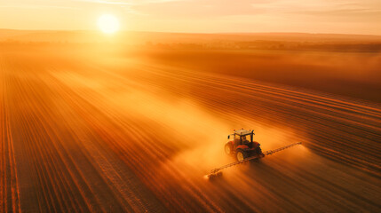 Aerial view of a tractor is spraying a field of crops. The sun is setting in the background, casting a warm glow over the scene. Concept of hard work and dedication to agriculture - Powered by Adobe