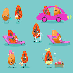 Cute papaya, pitahaya fruit characters set, collection. Flat vector illustration. Activities, playing musical instruments, sports, funny fruits.