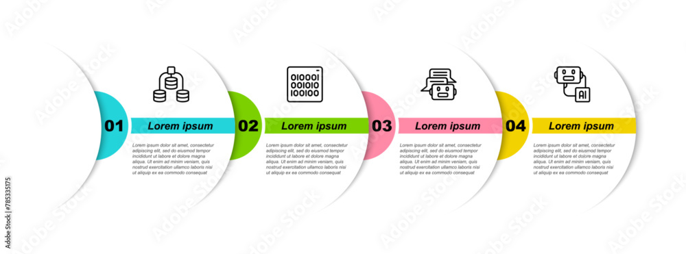 Poster set line server, data, binary code, chat bot and artificial intelligence robot. business infographic