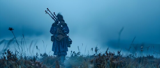 Misty Highland Serenade. Concept Scottish Landscape, Foggy Atmosphere, Dreamy Portraits, Tartan Textures, Nature's Harmony