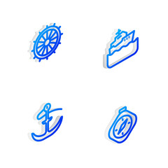 Set Isometric line Cruise ship, Ship steering wheel, Anchor and Compass icon. Vector