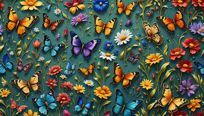 Vibrantly colorful, lush floral and intricate illustrated artwork of graceful, photorealistic butterflies in a kaleidoscopic, dreamily atmospheric setting.