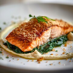 Salmon Fillet with Roasted Spinach and Baked Celery Root Mousse on White Plate, Red Fish or Trout Meat