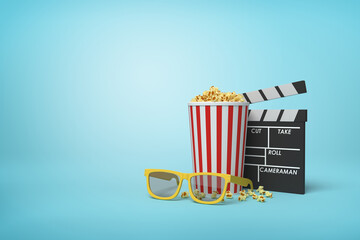 Popcorn and clapperboard with 3D glasses - obrazy, fototapety, plakaty