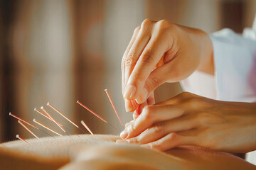Close-up of a skilled asian acupuncturist inserting needles into a patient's skin