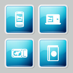 Set line Online hotel booking, , Airline ticket and Cover travel guide icon. Vector