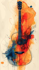 Creative design of a guitar drawn with watercolor paint. - 785335353