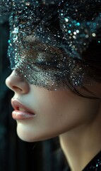 Ethereal Young Woman in Sparkling Mask, Close-Up Portrait in Low Light