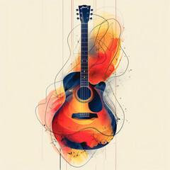 Creative design of a guitar drawn with watercolor paint. - 785335392