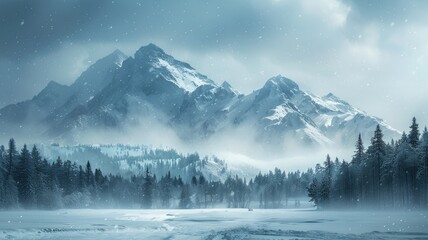 Serene winter mountain scenery with snowfall - Gentle snowfall blankets the serene, untouched winter mountain landscape, offering a peaceful and pure atmospheric experience - obrazy, fototapety, plakaty