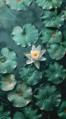 Beautiful white water lily or lotus flower in pond, top view.