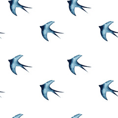 Swallow, martlet, seamless pattern, background. Clear white sky. Barn swallow flying, wings spread. Hirundo rustica on white background. Wildlife. Tattoo design, watercolor art, bird set, wild animals