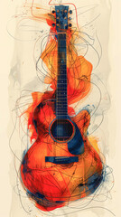 Creative design of a guitar drawn with watercolor paint. - 785335585