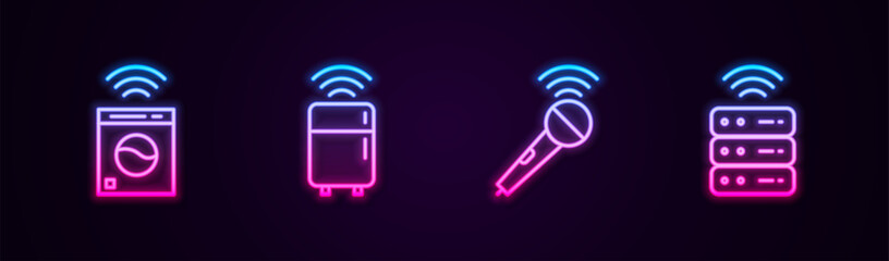 Set line Smart washer, refrigerator, Wireless microphone and server. Glowing neon icon. Vector