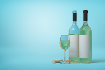White wine bottle with glass and cork on blue background