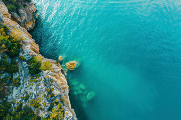 Top view aerial photo from flying drone of an amazingly beautiful sea landscape with turquoise water.