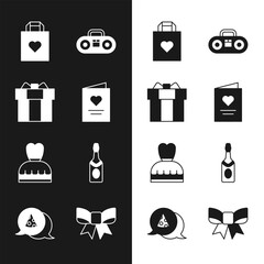 Set Postcard with heart, Gift box, Shopping bag, Home stereo two speakers, Woman dress, Champagne bottle, bow and Slice of pizza icon. Vector