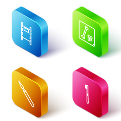 Set Isometric line Stretcher, X-ray shots, Medical surgery scalpel and Toothbrush icon. Vector