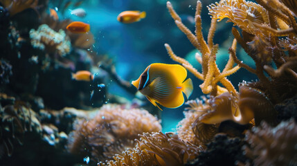 A school of various colorful fish swimming together in an aquarium tank