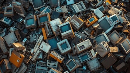 Pile of discarded electronics in recycling yard - An aerial view capturing various discarded computer monitors and electronic waste scattered across a recycling facility