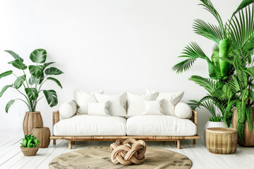 Urban jungle in bright living room interior with white couch with knot pillow and wooden furniture.