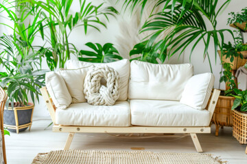 Urban jungle in bright living room interior with white couch with knot pillow and wooden furniture.