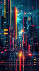 Capture a cyberpunk city using a 3D rendering technique, featuring unexpected camera angles to highlight advanced tech integrated into the urban landscape - obrazy, fototapety, plakaty