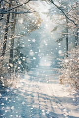 A road covered in snow with trees lining the sides, snowflakes falling gently from the sky