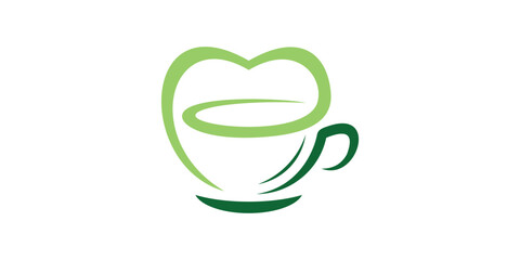 logo design combination of love shape with cup, green tea, heart, fresh, logo design template, symbol, icon, vector, creative idea.