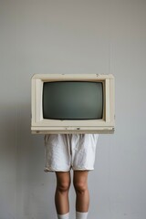 Young Adult Holding Vintage Television in Front of Face in Neutral Room