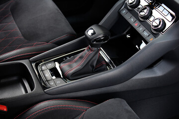 Modern Automatic Transmission in Car. Gear lever close up. Direct-shift gearbox. DSG automatic transmission. Multiple-shaft, automatic gearbox.