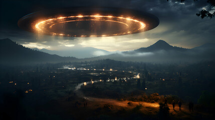 Fantasy landscape with flying saucer in the sky. 3d rendering