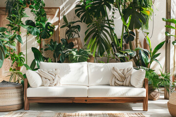 Urban jungle in bright living room interior with white couch with knot pillow and wooden furniture.