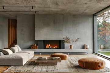 Home interior design plan with a gray sofa and floor-to-ceiling windows, showcasing the outdoor view.. Beautiful simple AI generated image in 4K, unique. - obrazy, fototapety, plakaty