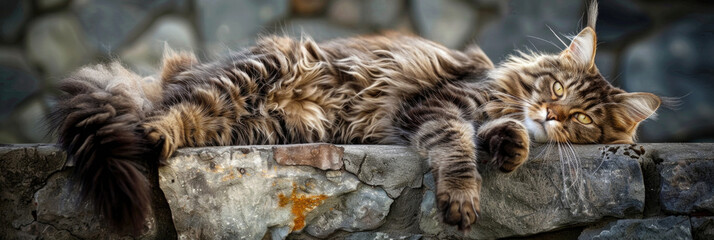 A cat lies comfortably on top of a stone wall, basking in the sunlight and observing its surroundings