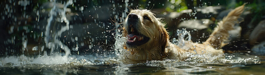 A playful dog splashes around in the water while holding a frisbee in its mouth, enjoying a fun game on a sunny day