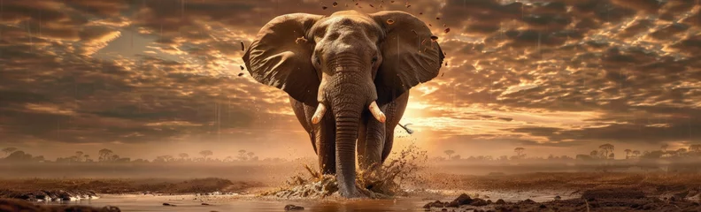 Foto op Aluminium A massive elephant strides across a muddy field, its powerful legs kicking up clumps of earth as it moves through the terrain © sommersby