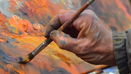 Hand of an old artist with the brush in his hand painting on an oil canvas
