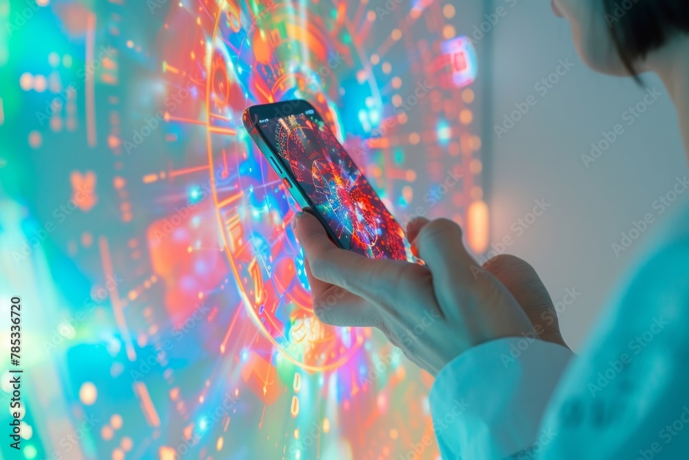 Poster Female Scientist Analyzing Holographic Data on Smartphone in High-Tech Laboratory
