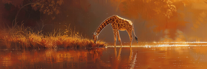 A giraffe with a long neck is depicted drinking water from a pond in a painting - obrazy, fototapety, plakaty