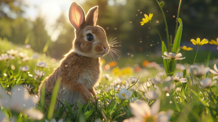 A rabbit rests among colorful flowers in a vibrant field, surrounded by the beauty of nature