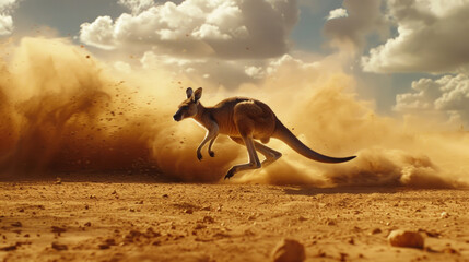 A kangaroo jumps energetically in the air, set against the backdrop of a vast desert landscape - obrazy, fototapety, plakaty
