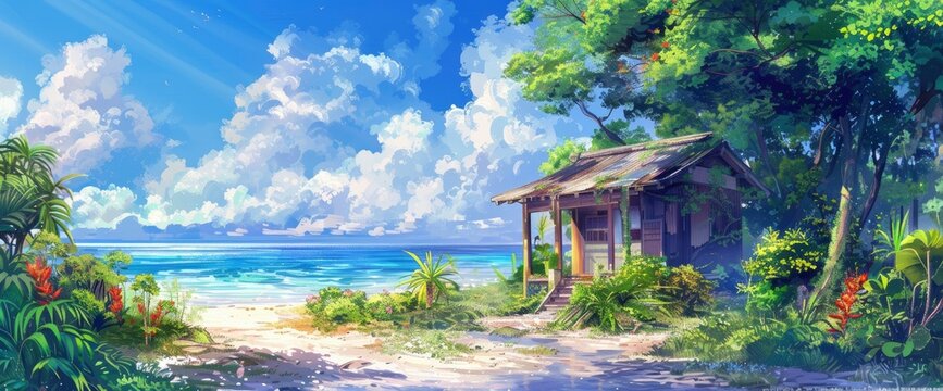 A small wooden house surrounded by lush greenery and colorful flowers, overlooking the vast ocean under clear blue skies, depicted in the style of anime art with vibrant colors and detailed textures. 