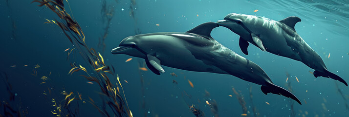 Two dolphins gracefully swim through the clear blue ocean water