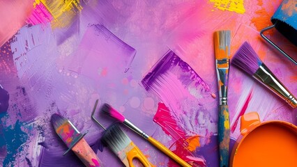 Flatlay wallpaper of artist's brushes and tools on a purple background