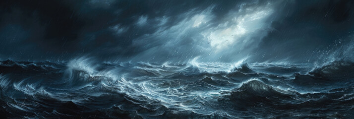 Dramatic storm raging in the ocean, with dark clouds, crashing waves, and turbulent waters